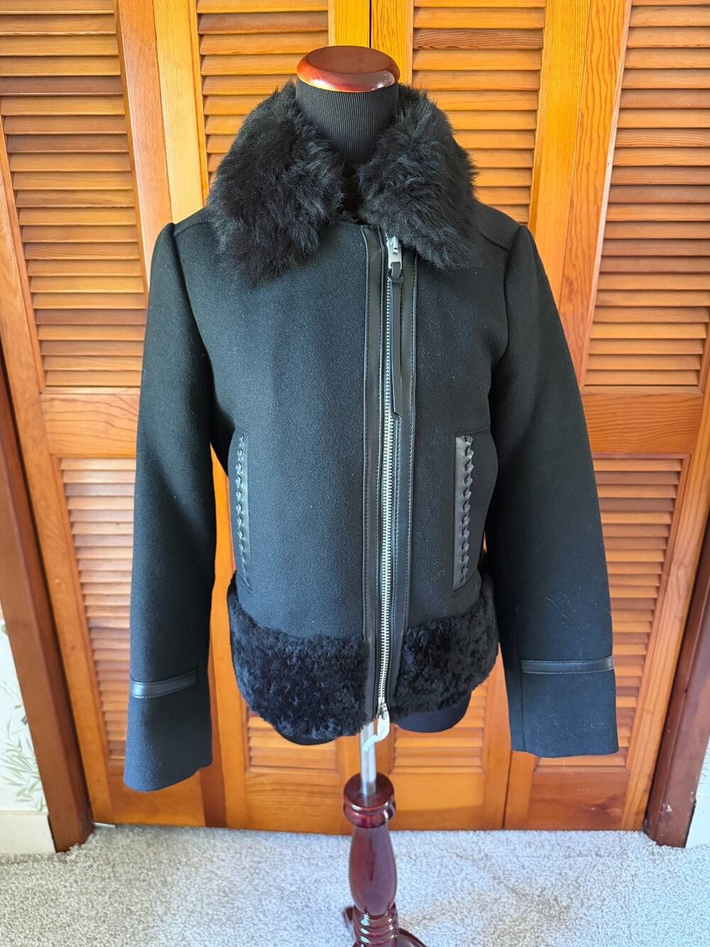 NWT COACH Black Wool Shearling Leather Trim Jacket Coat Sz Small